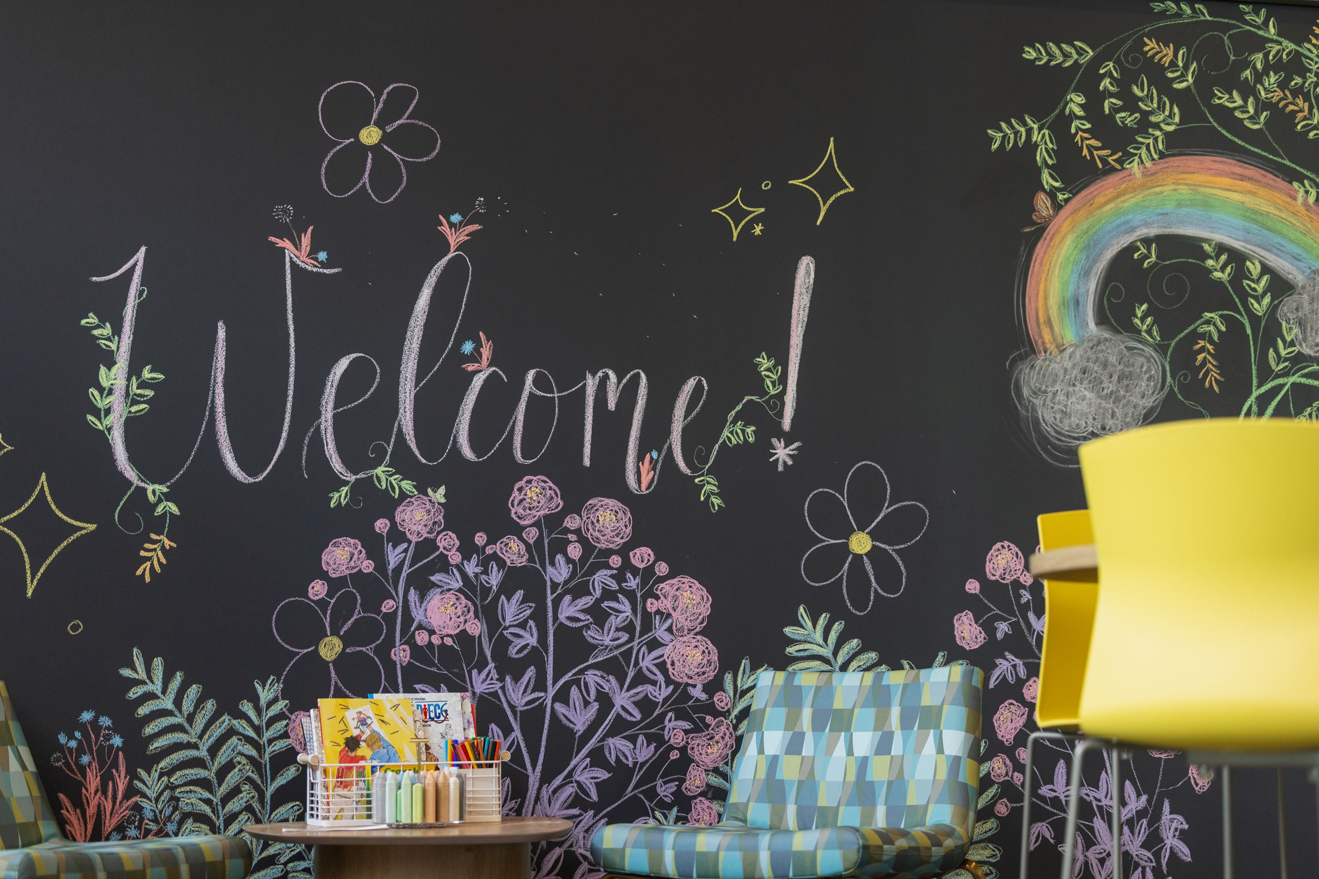 Chalk Welcome Sign Drawn Onto a Chalkboard Wall