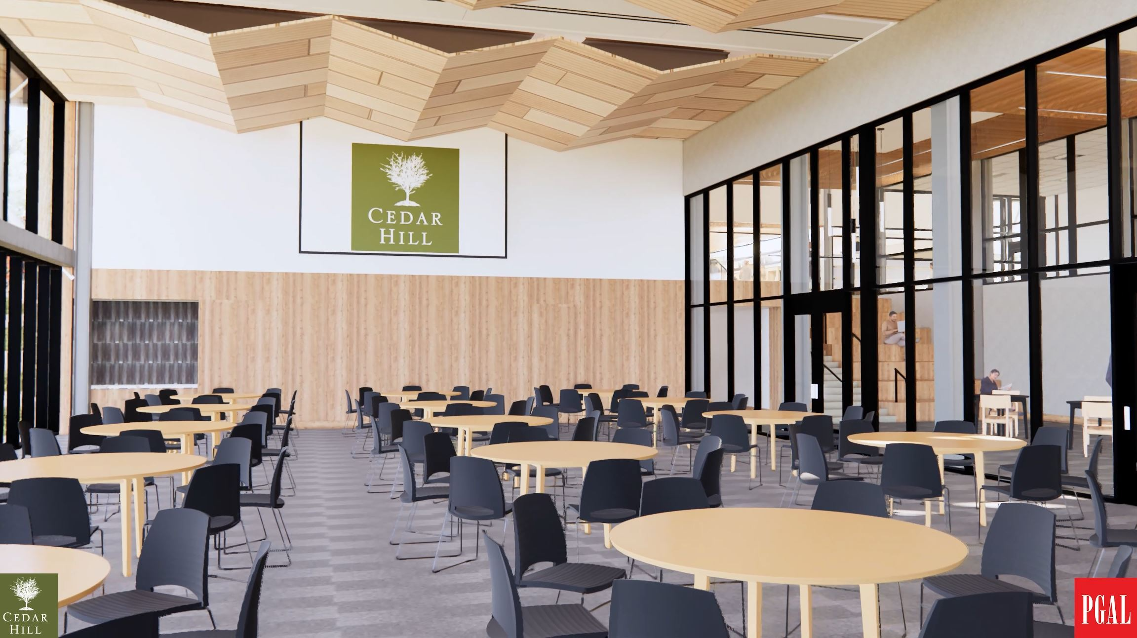 Render of the Multipurpose Room Set up with Tables and Chairs